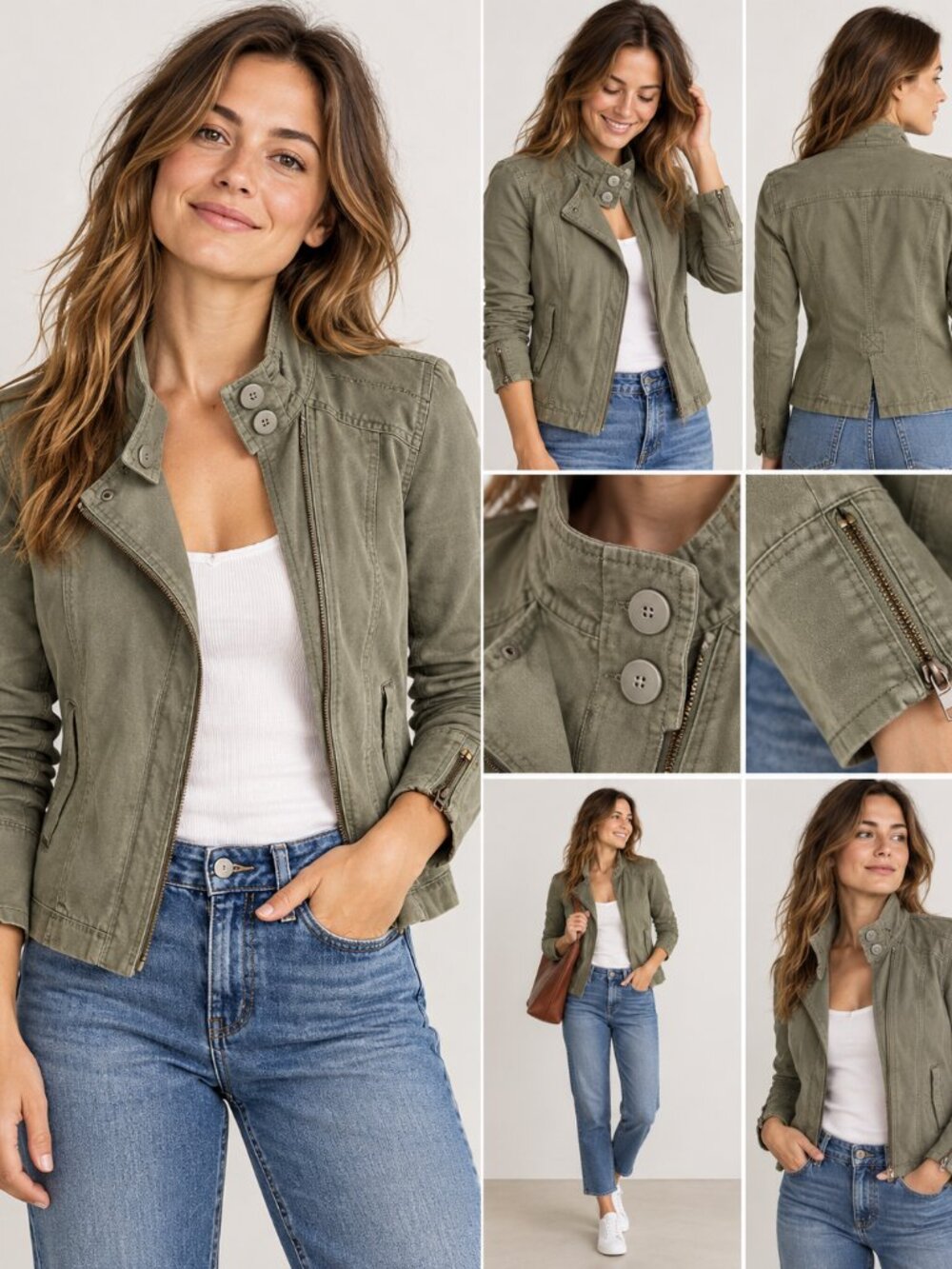 Marrakech Olive Green Stretch Cotton Moto Utility Jacket Medium